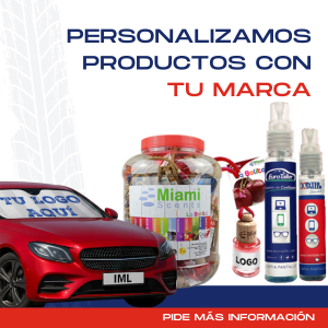 Servicio de personalización de productos con logotipo de empresa: parasoles de coche, ambientadores Miami Scents y productos de limpieza personalizados.
